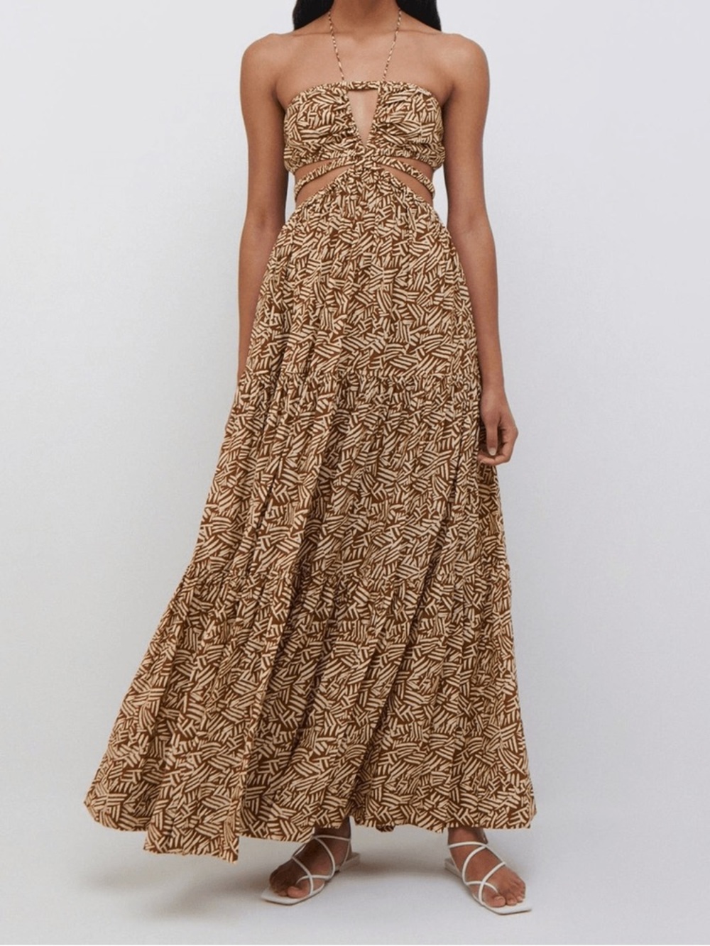 Jonathan Simkhai Laurel Palm Leaf Halter Strappy Maxi Dress in Coffee Print